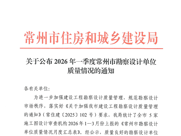 喜报：我院再获常州市“质量良好的设计单位”称号